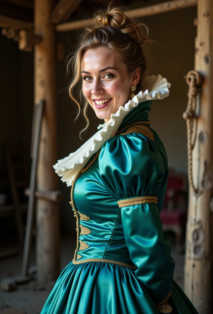 (realistic photograph close up sideways cheerful), (a pleased beautiful European orgasm looking lady with (messy hair bun)), (she is wearing (a historical elaborate shiny teal satin gown with (long gigantic puff sleeves), (and a narrow very high reaching up to her cheeks stand-up collar) (with a gigantic ruffle on top of the collar reaching to the top of her head), (she has her hands behind her back)++++, (two happy females are hanging her on a wooden beam gallows)