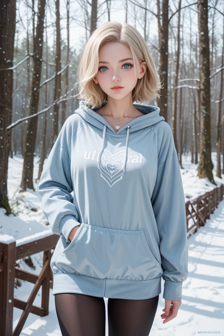 high production value modern fantasy-style candid picture of a young woman in her 30s with fair skin, very light make-up, soft face, short layered medium blonde hair, blue-grey eyes, wearing a modern light blue hoodie, leggings, and small heart-shaped silver necklace, looking over her shoulder, standing in a moonlit snow-covered forest at night