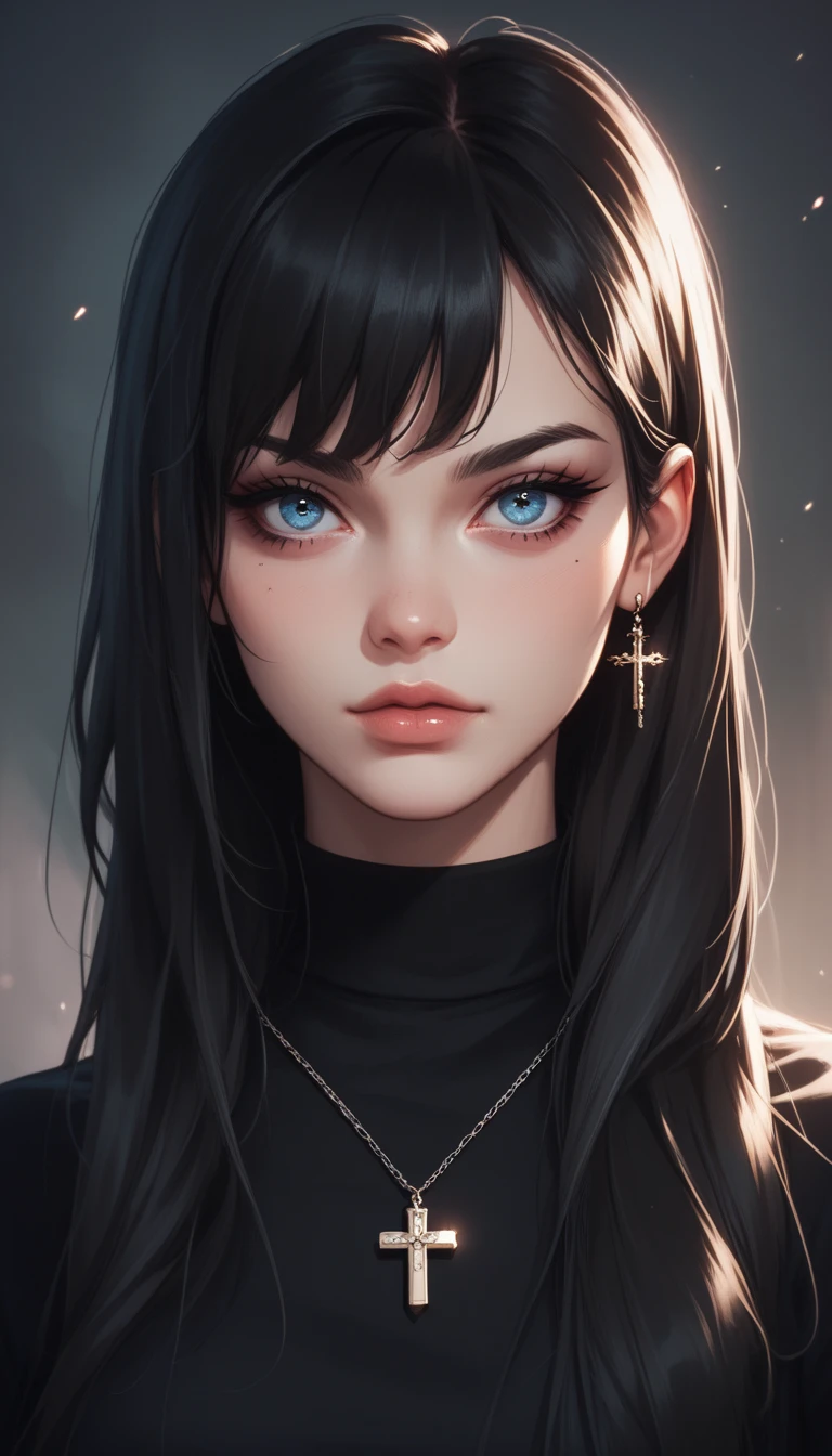 In this stylized image, a young woman with long black hair and striking blue eyes is the main focus. Her expression is playful yet mischievous, as she sticks out her  cheeky manner. She's wearing a dark top that contrasts with her pale skin, and there's a cross pendant visible around her neck, adding an element of intrigue to her appearance. The background is dimly lit, suggesting a moody or mysterious setting, which complements the overall edgy and cool vibe of the image.