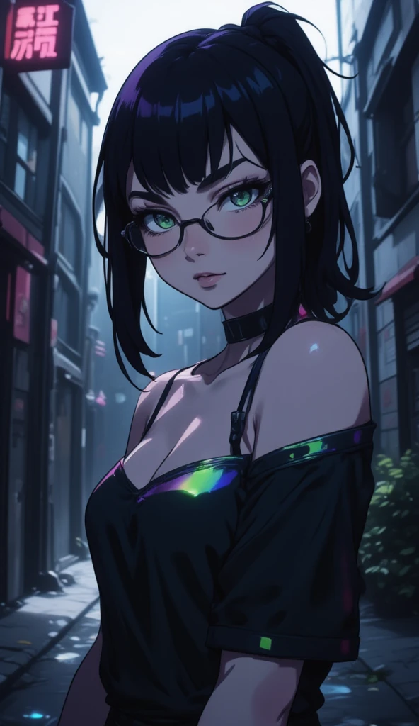 anime art style, 8k, masterpiece, cinematic, (Portrait), petite girl, mature, green eyes, (long messy hair, fringe bangs with pony tail), pale skin, lean tall body, (loose one shoulder t-shirt, reflective rainbow silver color, glasses), dark alleyway, side ways photo, evil smiling, bust photo