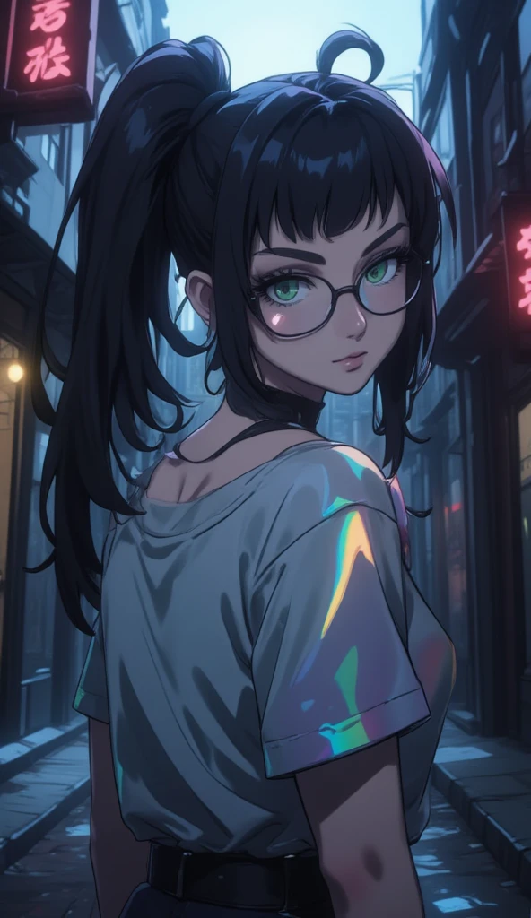 anime art style, 8k, masterpiece, cinematic, (Portrait), petite girl, mature, green eyes, (long messy hair, fringe bangs with pony tail), pale skin, lean tall body, (loose one shoulder t-shirt, reflective rainbow silver color, glasses), dark alleyway, side ways photo, evil smiling, bust photo