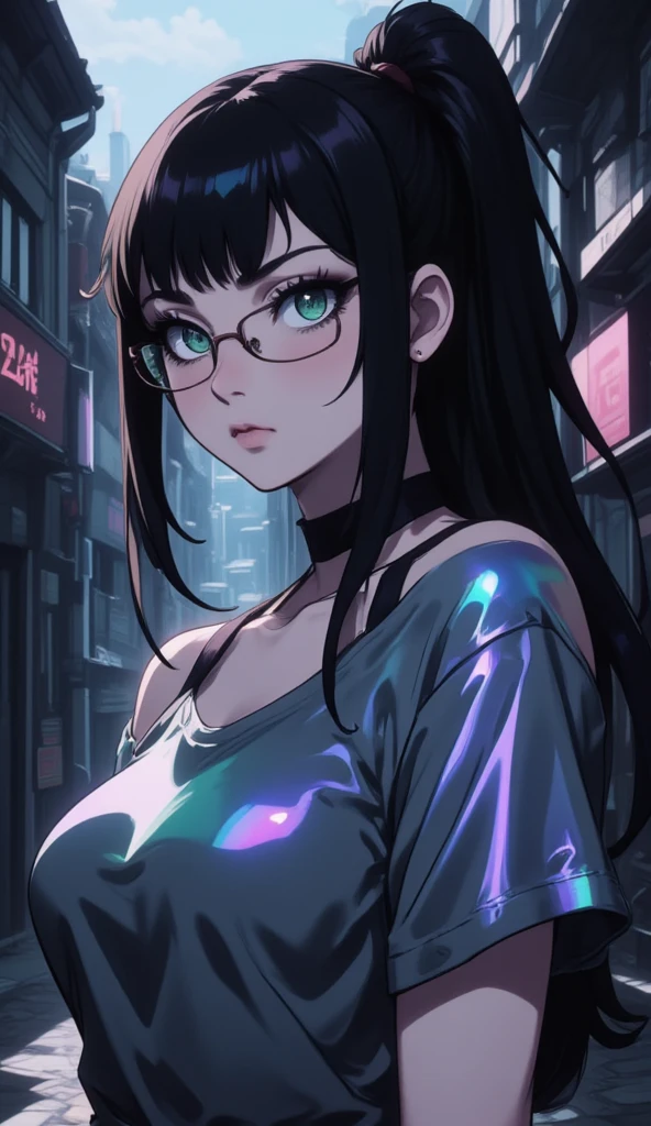 anime art style, 8k, masterpiece, cinematic, (Portrait), petite girl, mature, green eyes, (long messy hair, fringe bangs with pony tail), pale skin, lean tall body, (loose one shoulder t-shirt, reflective rainbow silver color, glasses), dark alleyway, side ways photo, evil smiling, bust photo