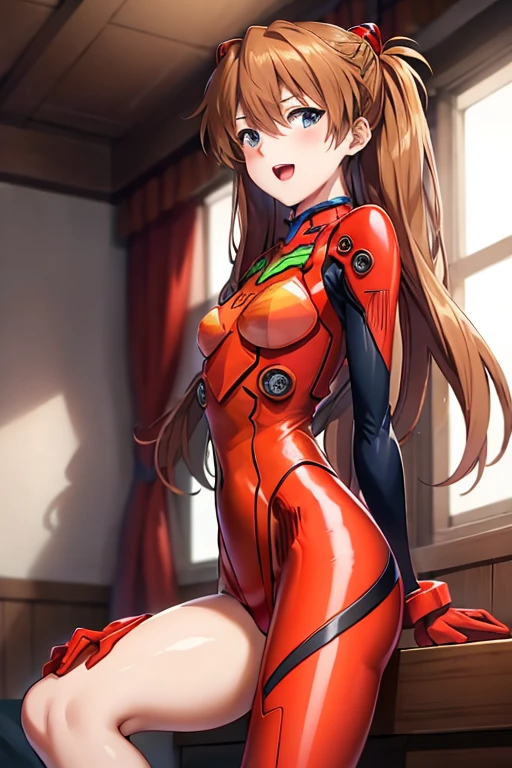 (( top quality)), ((masterpiece)), (be familiar with),  perfect face, indoor, bedroom,  watching viewers,
One woman,  Soryu Asuka Langley,
 open mouth,  ecstatic expression beside the piano, blush, smile,
 small tits,  flat chested, Young girl, Lori,  s,  girl,
 long hair,  Twin Tails ,
Leg spread,