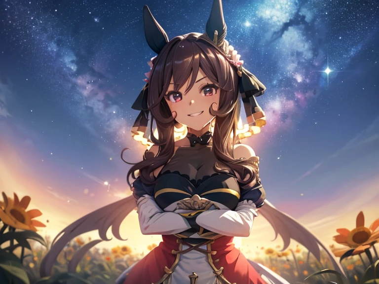 best quality, absurdres, masterpiece, 
Gentildonna \(Uma Musume\),
masterpiece, best quality, detailed, beautiful, woman, happy, glad, smiling, flushed, running, arms crossed, looking at viewer, in the space, blue sky and shining lights, with a flower, in the afternoon, beautiful, upper body, front view