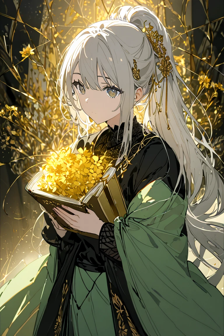 A 20-year-old girl who exudes elegance and serenity. Her long, platinum hair is tied up in a perfect ponytail, with a strand held at the side by a golden flower-shaped hairpin. His light brown eyes convey calm and compassion. She wears a simple emerald green kimono with gold details and carries a brown-covered book in her hands. 