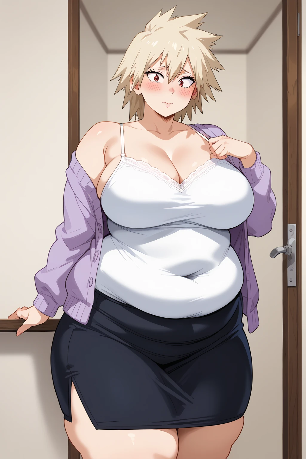   score_9,   score_8_up,   score_7_up,   score_6_up,   score_5_up,   score_4_up,     Masterpiece  ,   top quality,   Very Aesthetic ,   absurd, Mitsuki bakugo purple cardigan,  Long Sleeve ,  white camisole,  black skirt,  source_Anime, Anime screencap,    one woman , Alone,  personal  ,   long hair, Super huge breasts, ((( super huge clevis, Super huge , Super huge boob))), Curvy,   Wide Hips  ,   embarrassed expression, Fat body,   chubby,  obese body type ,blush, Shy woman,  belly fat sticking out of clothes,　 sloppy stomach, Mature Woman, milf, 40 years old, ssbbw,,  saggy stomach ,  in the room,  big eyes on left jaw, Pinch the belly