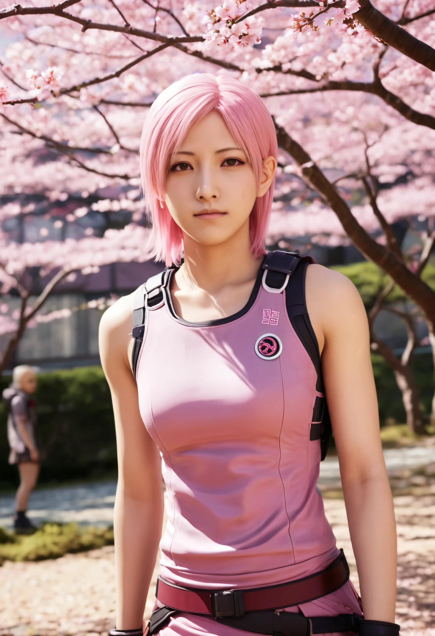 Sakura Haruno,Naruto\(Series\),naruto shippuuden,Anime art style,tmasterpiece,looking at viewert,full bodyesbian,Fighting posture,swimming uniform,one piece swimsuit,short detailed hair,Forehead protector,shairband,Mummy leaf symbol on headband,1girll,独奏,By bangs,nedium breasts,Keep one's mouth shut,Elbow sleeves,eye visible through hair,Floating hair,ssee-through,greene eyes,hair intakes,Parted bangs,with pink hair,Bigchest,V-shapped eyebrows,detailed back ground,exteriors,SakuraNS,Skysky,clouds,ventania,In the daytime,rays of sunshine,