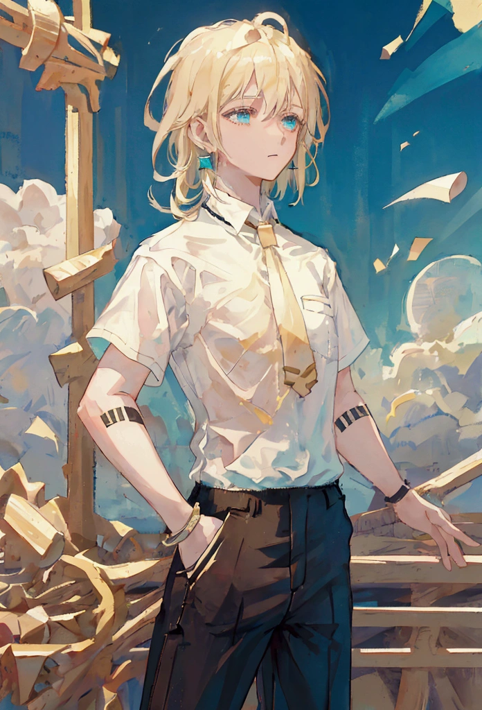 boy, blond, medium length hair, wearing a short-sleeved white shirt tucked into black pants, Without a tie, the collar is unfastened, turquoise eyes, small ring earrings, stands straight, UHD, retina, masterpiece, accurate, anatomically correct, high quality, best quality, highres