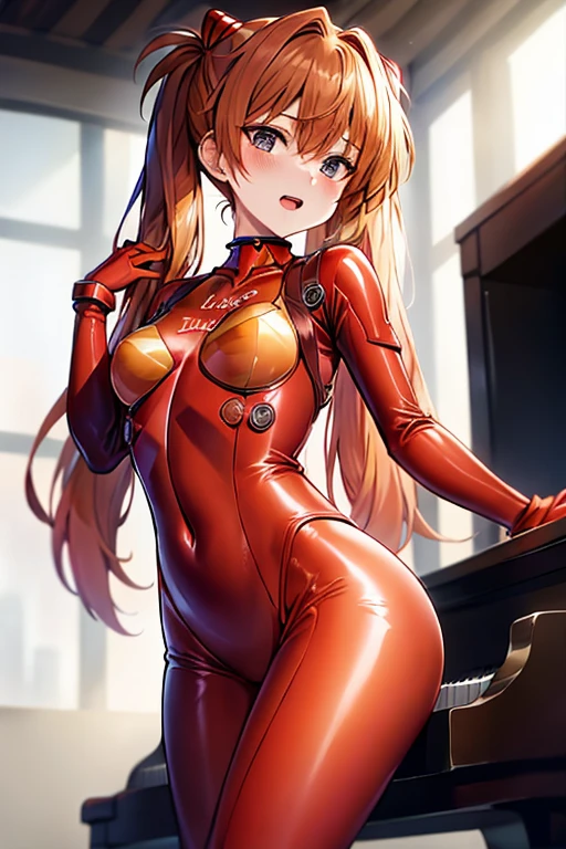 (( top quality)), ((masterpiece)), (be familiar with),  perfect face, indoor, bedroom,  watching viewers,
One woman,  Soryu Asuka Langley,
 open mouth,  ecstatic expression beside the piano, blush, smile,
 small tits,  flat chested, Young girl, Lori,  s,  girl,
 long hair,  Twin Tails ,
Leg spread,