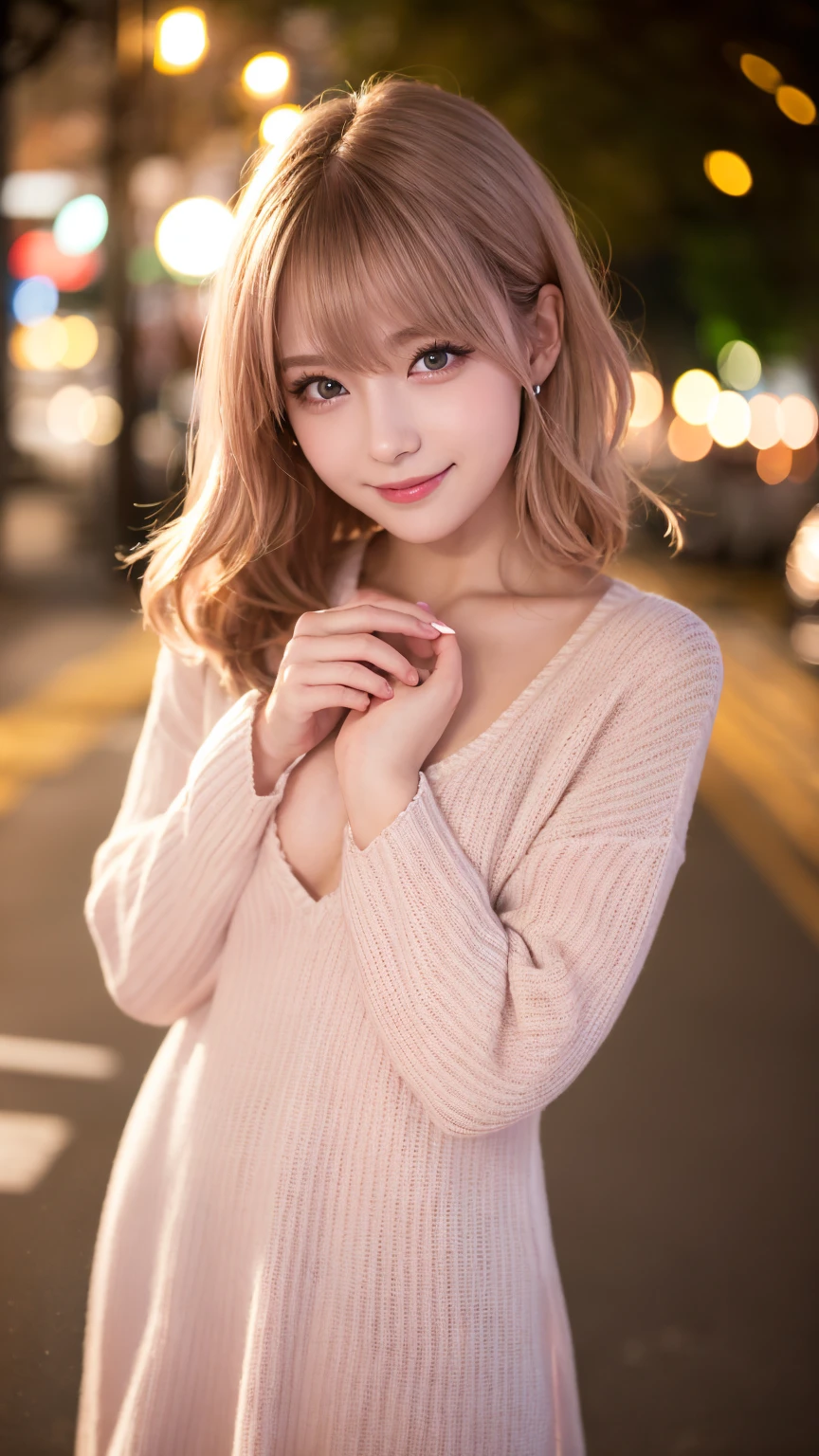  light pink hair,  pink eyes,  pink and white , Cherry leaves,  bright color,  white dress,  paint splashes ,  simple background,  ray tracing,  wavy hair 、 beautiful smile, beautifully detailed night sky,  night view,  movie lighting,  written border depth,  lens flare light 、date、(  blushes her nose)、、(Shut up) small breasts、  beautiful eyes that pay attention to every detail、( sweater :1.1)、( golden shorthair :1.2)、 FLOATING HAIR NOVA FROG STYLE 、