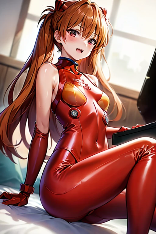 (( top quality)), ((masterpiece)), (be familiar with),  perfect face, indoor, bedroom,  watching viewers,
One woman,  Soryu Asuka Langley,
 open mouth,  ecstatic expression beside the piano, blush, smile,
 small tits,  flat chested, Young girl, Lori,  s,  girl,
 long hair,  Twin Tails ,
Leg spread,