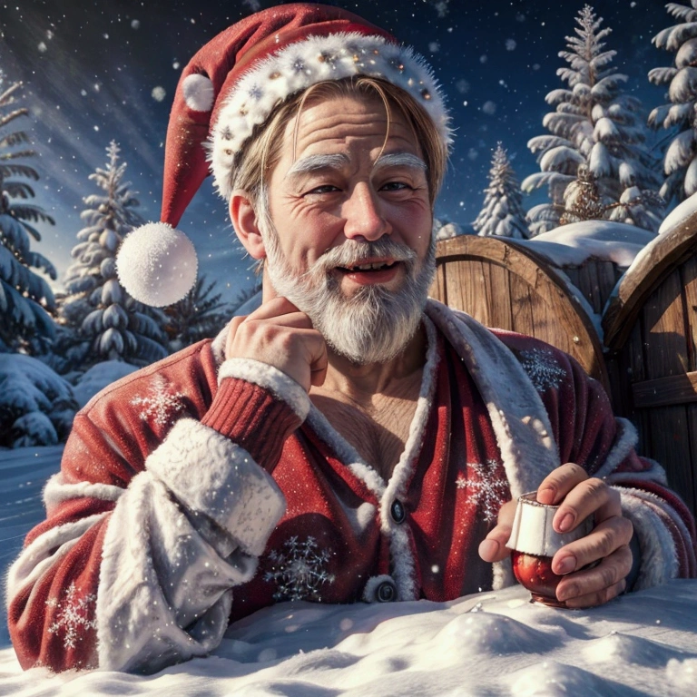 Christmas Winter Wonderland, landscape, realistic Santa Claus, realistic happy rens