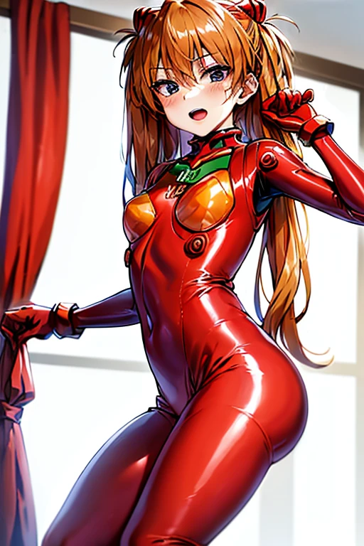 (( top quality)), ((masterpiece)), (be familiar with),  perfect face, indoor, bedroom,  watching viewers,
One woman,  Soryu Asuka Langley,
 open mouth,  ecstatic expression beside the piano, blush, smile,
 small tits,  flat chested, Young girl, Lori,  s,  girl,
 long hair,  Twin Tails ,
Leg spread,