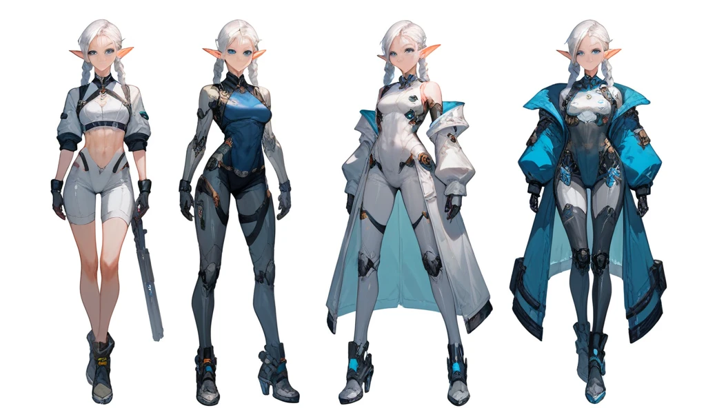 ((masterpiece))), (((best quality))), ((ultra-detailed)), ((an extremely delicate and beautiful)), ((1girl)), ((character concept art)), ((character design sheet, same character, front, side, back)), (character sheet:1.3), (same face:1.1), Top quality, ultra high resolution, (photorealistic: 1.4), jumpsuit, sci-fi, circuit plate mail, medium breasts, light hair, armour, space, knight, white hair, full body commission for, full body character design, interesting character design, very stylized character design, full character design, high quality character design, detailed character design, stylized character design, detailed full body concept, character design art, great character design, white background,