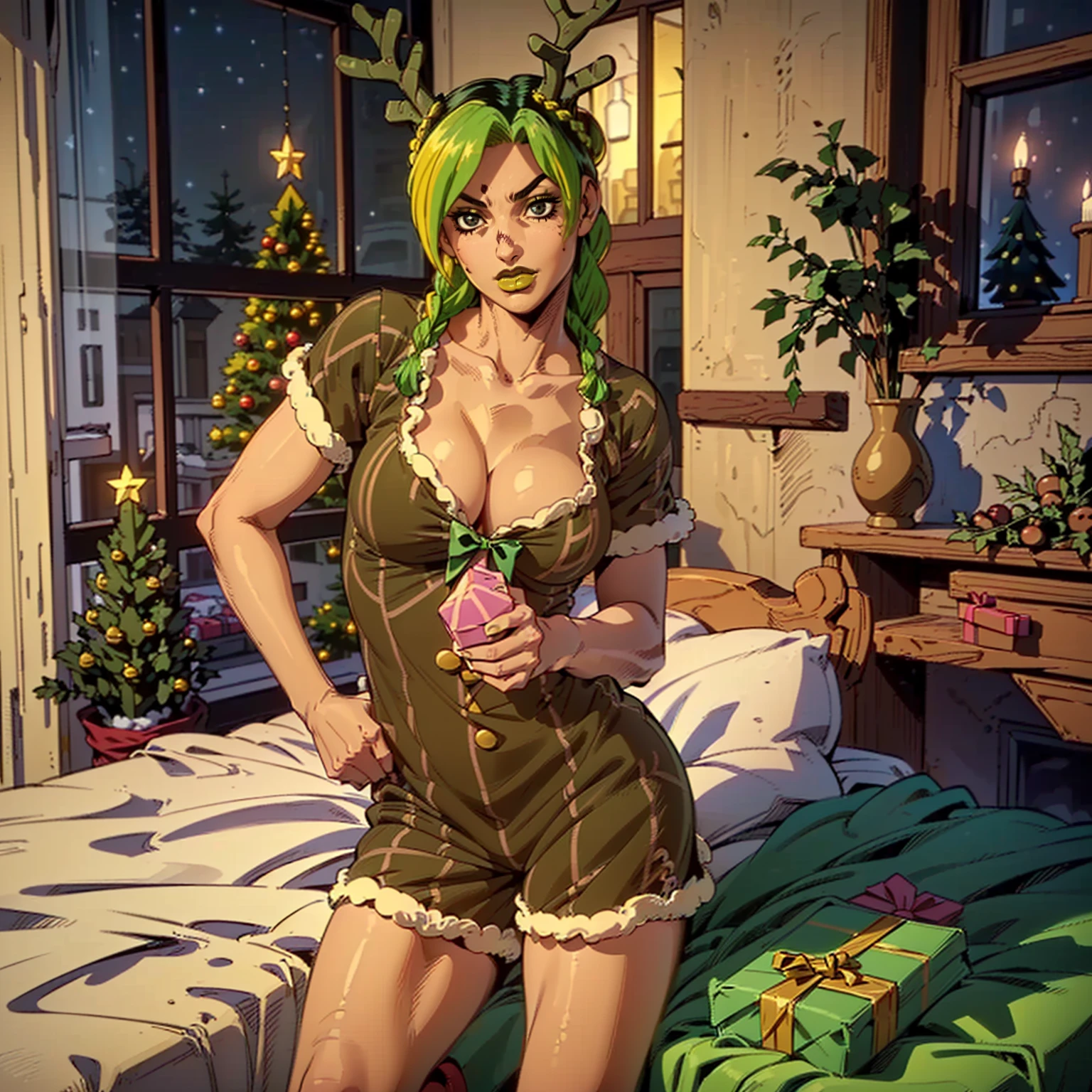 ((Masterpiece, 1girl, solo, alone ((jolyne, Jolyne_Anime, JolynCujoh, colored hair, green hair, yellow hair, hair bun, braided hair, black eyes)), Smug)), ((pink lipstick, Extremely detailed, ambient soft lighting, 4k, perfect eyes, a perfect face, perfect lighting, a 1girl)), ((fitness,, shapely body, athletic body, toned body)), ((reindeer costume, santa's reindeer, reindeer pajamas, reindeer babydoll, short nightgown with matching shorts, high heels, christmas trees, christmas decoration, wreaths, gifts, window, night, stars, smug, neckline, cleavage, natal, long socks, reindeer antlers, reindeer antlers, toy))