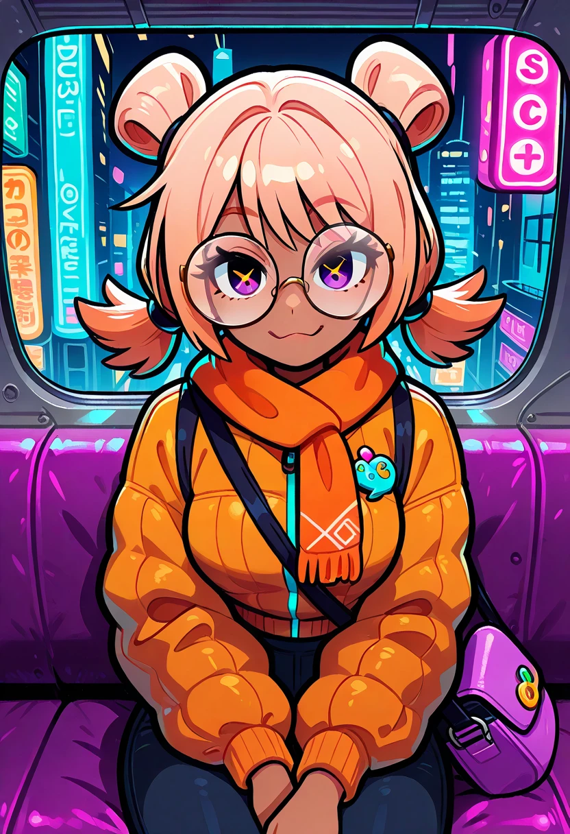 masterpiece), 1girl, expressive eyes, perfect face, newest, perfect anatomy, flawless face, light skinned Latina female with long bright orange pigtails, big round glasses, orange scarf, orange puffer jacket, holding a purple bag, riding the subway, color saturation, looking at viewer, sitting down, seductive expression, center of frame, neon, absurdres, very aesthetic, best quality, masterpiece, pov from front, smiling, neon lighting, traditional media, pin-up