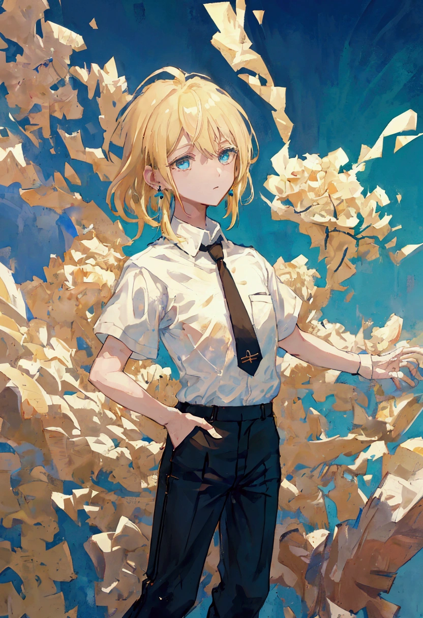 boy, blond, medium length hair, wearing a short-sleeved white shirt tucked into black pants, Without a tie, the collar is unfastened, turquoise eyes, small ring earrings, stands straight, UHD, retina, masterpiece, accurate, anatomically correct, high quality, best quality, highres, the collar of the shirt is unbuttoned