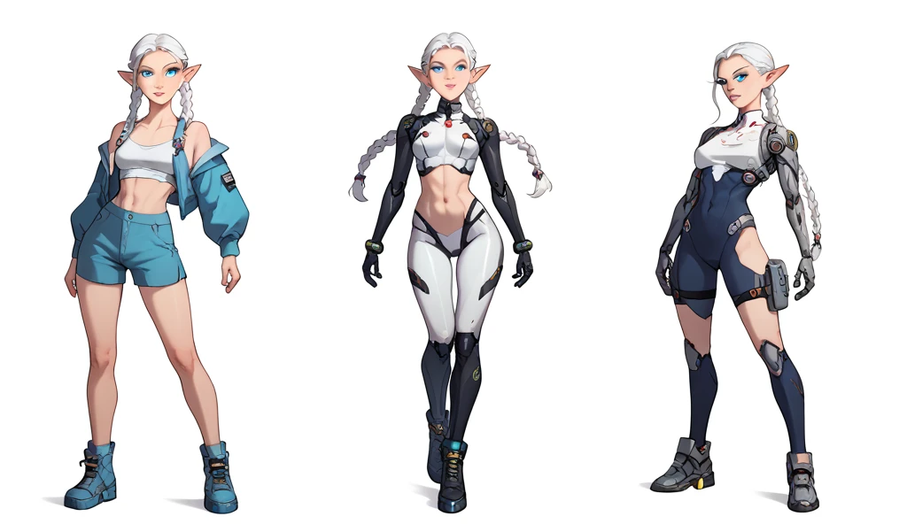 An elf with long white hair and braids, bright blue eyes, slender and well-made body, glued silver clothes and futuristic cyborg boots, in different poses, total white background. ...