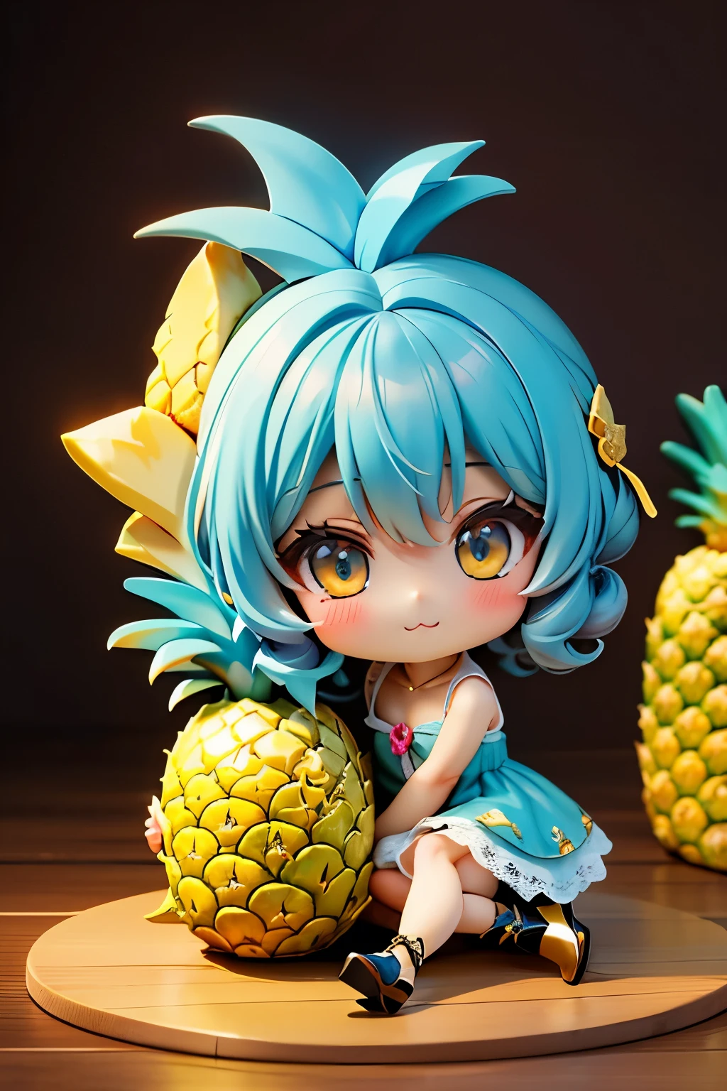 ( Masterpiece、 Fresh Pineapple:1.4)、(Anime Moe、Chibi Body、細い足、 light blue hair color, Short chignon hair、 curly hair 、Golden Eyes、:3,  :1.2)、( antique dress、 red and gorgeous lace dress、anime character cosplay、Feather coat、 fishnet tights、 Shiny High Heels、 chest opened using HDR:1.2)、(Delicately drawn fingers:1.2)、(Beautiful Interior 、pineapple round chair、On Elbows、whole body:1.3)