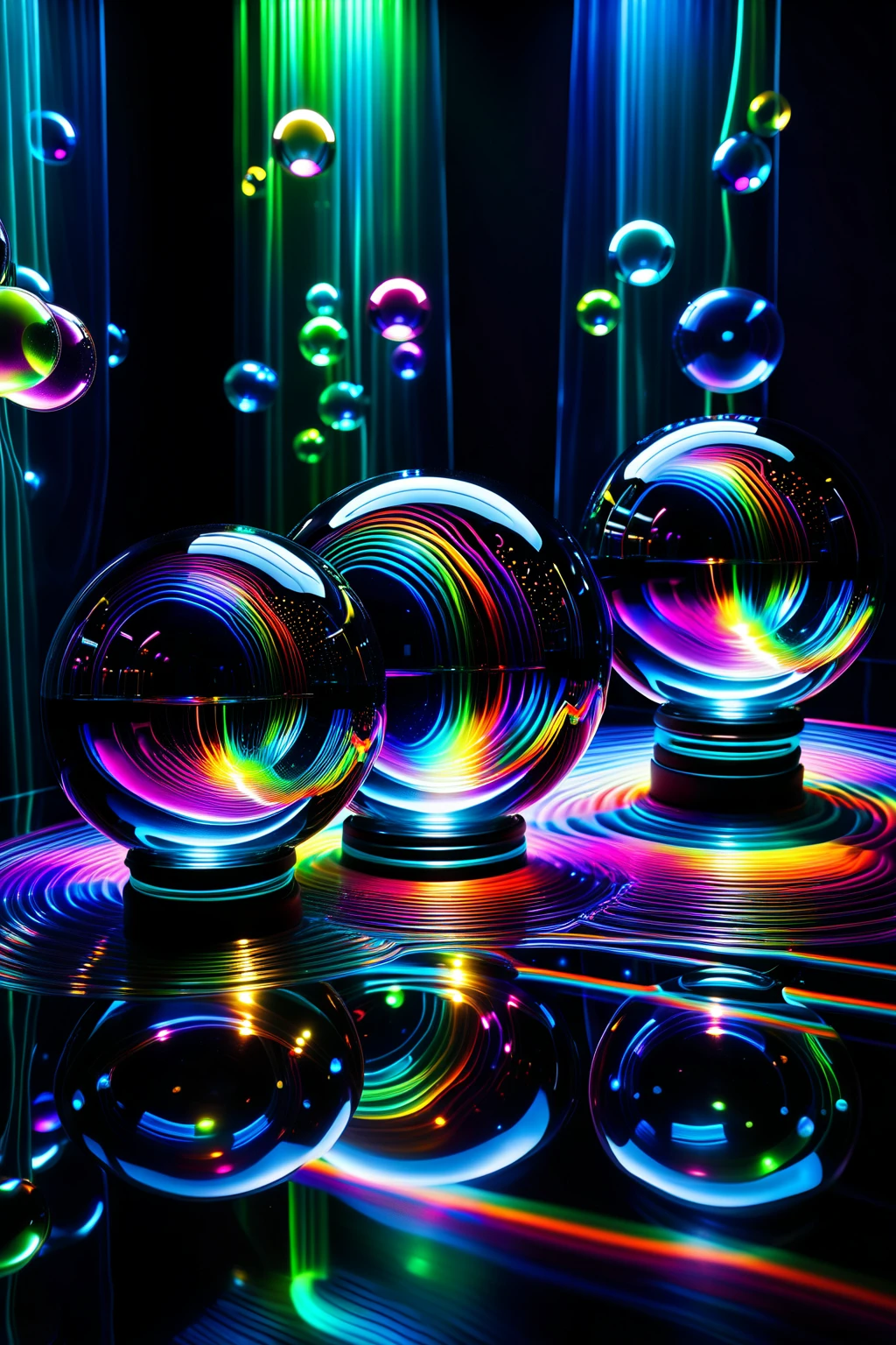 Within a black abyss Intense bright, colorful, perfectly symmetrical glass globes criss crossed back and forth with different glowing colors of laser lights covering the circumstances of the globes and contrasting the glowing light of glowing reflective bubbles within the glass. Smaller spheres of glass also pierce the black absence of light with luminescent neon pink and neon green liquid fizzing and overflowing with acidic bubbles and emptying out into reflective glass orbs that melt and drip vibrant colorful symetrical patterns that cover the ground and merge together in a quilt of intricate and complex designs. High fantasy, magical effects, hypperrealistic, hyper detailed, very aesthetic, beautiful deepunderwater bioluminescent entities in the darkest areas in the background protest against the black by communicating with colorful light. Etheral, Surreal, yet Realistic, stark contrast of black and super bright neon and fluorescent colors, like toxic waste glows, acidzlime, acid aura, AcidMagic, Portrait photography, cinematic photography, photorealistic UHD, optical illusions, unique patterns and designs, avant garde, masterpiece In a room with mirrors for walls glass is morphing from colors inside of intricate rainbow patterns, perfectly formed symmetrical spheres and glowing reflective bubbles are everywhere melting into fizzy neon patterns carpeting the ground. Attention to detail on the bubbles and spheres, rainbows of color twisted in and out of translucent orbs, spilled paint and spirals of swirling color in the background, beautiful psychedelic digital art, pixel art, neon colors, 4d mandelbulb psychedelics, glass-like psychedelic landscape, intricate rainbow environment, psychedelic underwater brightness, trails of color and light, bright fluorescent colors, psychedelic vibrant colors, bright psychedelic neon colors, colorful paint drips out of the bubbles, 3D glass spheres melting into each other spilling out colors, 