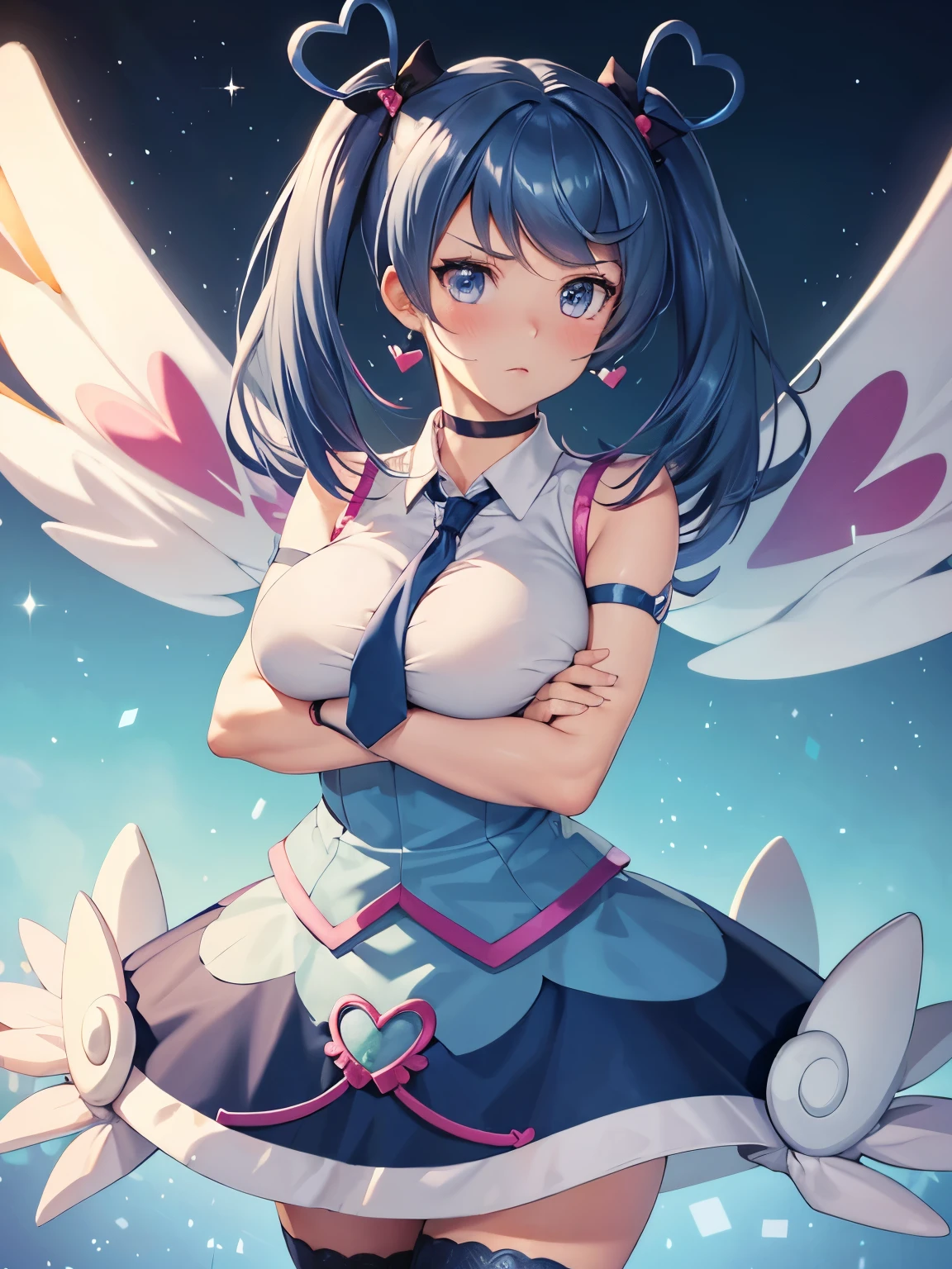 1 Female,High definition,high resolution,Ultra-realistic,8K, heart hair ornament, ba1, 1girl, solo, jewelry, necktie, skirt, sleeveless, blue necktie, choker, breasts, shirt, dress, blue skirt, skirt_ornament, wings, four-leaf clover_facial_tattoo,tight black thighhighs, large breasts,European,sexy,Upper body close-up,Photographed from the front,Dynamic Angles,(blush), (medium tits) ,(crossed arms)