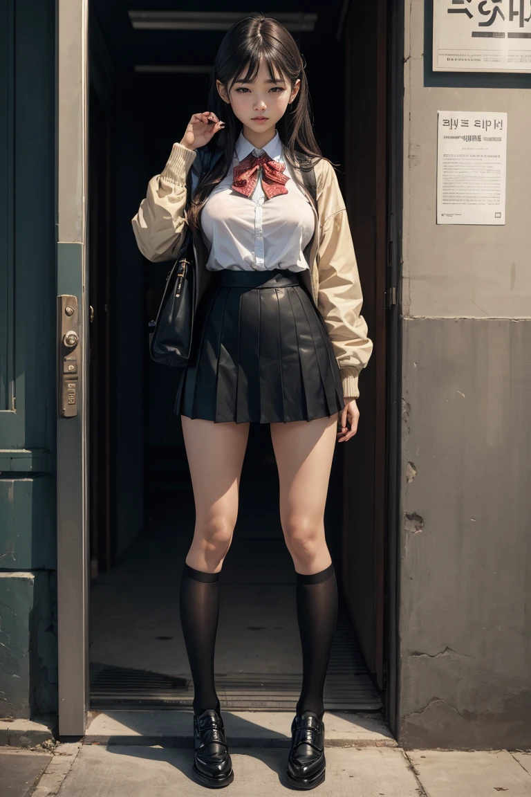 masterpiece,  top quality, 1 pretty girl,Korean, standing with different breasts , is crying,Extreme cold,Leather shoes,Large underwear, long legs , school uniform