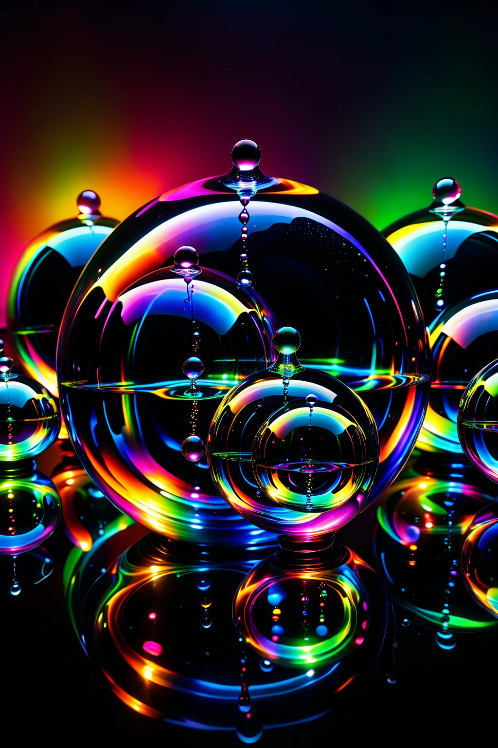 Within a black abyss Intense bright, colorful, perfectly symmetrical glass globes criss crossed back and forth with different glowing colors of laser lights covering the circumstances of the globes and contrasting the glowing light of glowing reflective bubbles within the glass. Smaller spheres of glass also pierce the black absence of light with luminescent neon pink and neon green liquid fizzing and overflowing with acidic bubbles and emptying out into reflective glass orbs that melt and drip vibrant colorful symetrical patterns that cover the ground and merge together in a quilt of intricate and complex designs. High fantasy, magical effects, hypperrealistic, hyper detailed, very aesthetic, beautiful deepunderwater bioluminescent entities in the darkest areas in the background protest against the black by communicating with colorful light. Etheral, Surreal, yet Realistic, stark contrast of black and super bright neon and fluorescent colors, like toxic waste glows, acidzlime, acid aura, AcidMagic, Portrait photography, cinematic photography, photorealistic UHD, optical illusions, unique patterns and designs, avant garde, masterpiece In a room with mirrors for walls glass is morphing from colors inside of intricate rainbow patterns, perfectly formed symmetrical spheres and glowing reflective bubbles are everywhere melting into fizzy neon patterns carpeting the ground. Attention to detail on the bubbles and spheres, rainbows of color twisted in and out of translucent orbs, spilled paint and spirals of swirling color in the background, beautiful psychedelic digital art, pixel art, neon colors, 4d mandelbulb psychedelics, glass-like psychedelic landscape, intricate rainbow environment, psychedelic underwater brightness, trails of color and light, bright fluorescent colors, psychedelic vibrant colors, bright psychedelic neon colors, colorful paint drips out of the bubbles, 3D glass spheres melting into each other spilling out colors, 