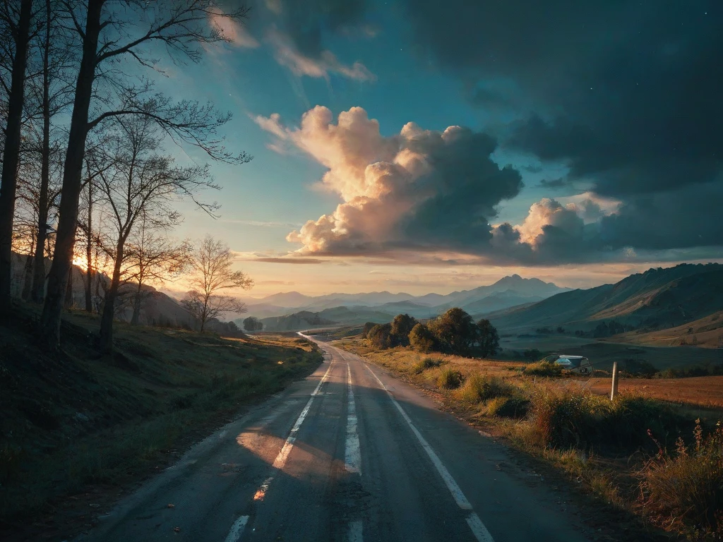 Night road landscape with a medium sign