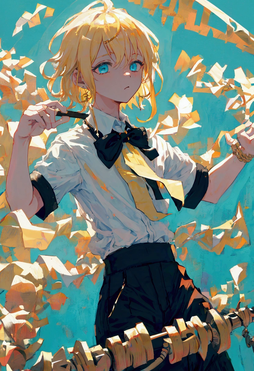 boy, blond, medium length hair, wearing a short-sleeved white shirt tucked into black pants, Without a tie, the collar is unfastened, turquoise eyes, small ring earrings, stands straight, UHD, retina, masterpiece, accurate, anatomically correct, high quality, best quality, highres, the collar of the shirt is unbuttoned, There is no tie