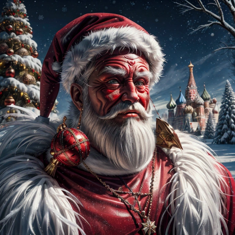 Horror Christmas Winter Wonderland, landscape, Russian Santa Claus in mask