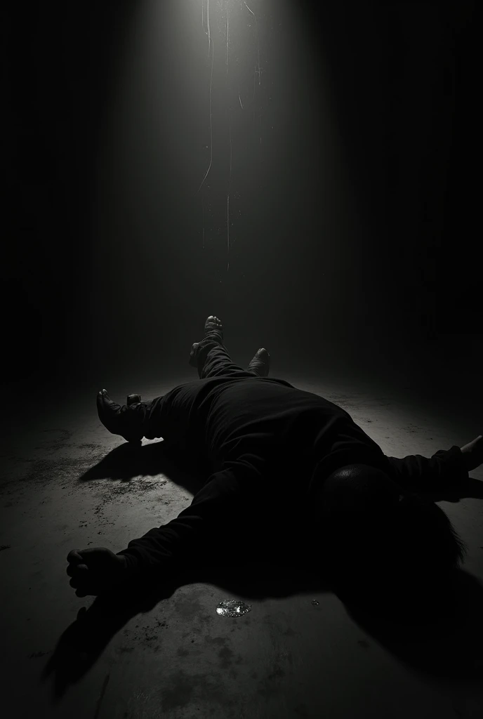 a newspaper picture of a man dying horribly in a room full of paintings. black and white background