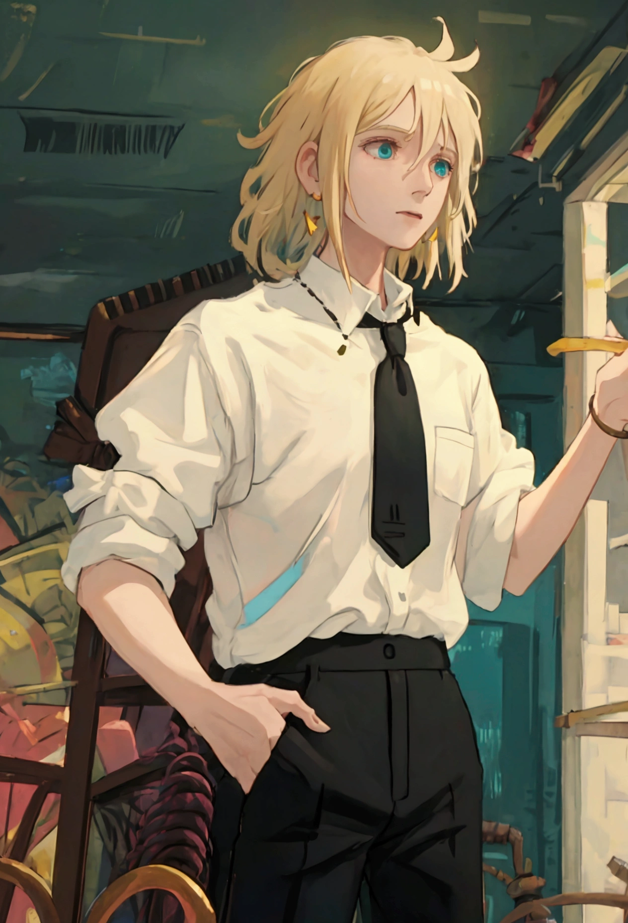 boy, blond, medium length hair, wearing a short-sleeved white shirt tucked into black pants, Without a tie, the collar is unfastened, turquoise eyes, small ring earrings, stands straight, UHD, retina, masterpiece, accurate, anatomically correct, high quality, best quality, highres, the collar of the shirt is unbuttoned,no tie