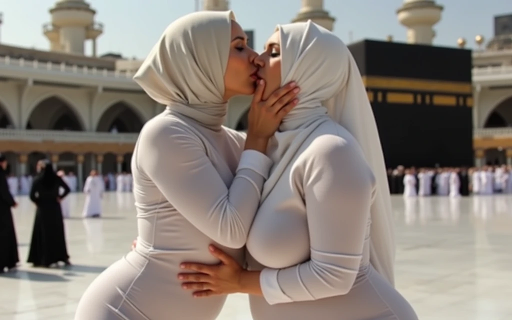 The scene depicts an sexual moment between @Layla Ahmed and @Fatima Noor in front of the Kaaba. The two curvy women, wearing niqabs, engage in a passionate kiss that highlights their voluptuous bodies. They are dressed in sexy, tight, and very sheer white dresses that accentuate their curves and reveal significant skin. The camera captures the sexuality of their interaction from a full-body perspective, emphasizing the connection between the characters.