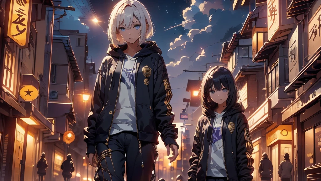 An impactful and captivating anime-style illustration of a beautiful woman representing a rap music theme. The composition should focus on her as the main subject with a dynamic pose, surrounded by a world that blends dreams and reality. She stands confidently amidst a cityscape transitioning from night to dawn, with one side depicting a vibrant dreamlike glow of colors (purples, blues, and gold) and the other side showing a gritty urban street with dark tones (grays and blacks). The character has a fierce and determined expression, wearing modern streetwear, including a hoodie, sneakers, and gold accessories, symbolizing resilience. The background features symbolic elements like a glowing path leading to the horizon and broken chains representing struggle. The illustration is in a 16:9 aspect ratio, designed to feel energetic and motivational, embodying the themes of perseverance and hope.