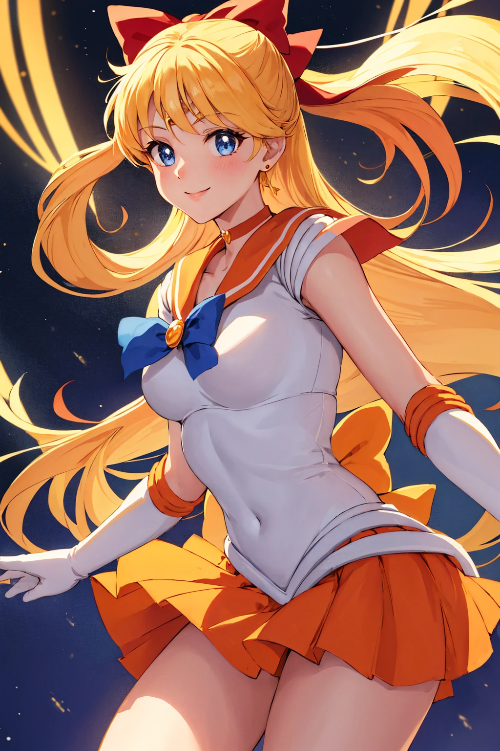 masutepiece, Best Quality, hight resolution, SV1, Sailor Senshi Uniform, Orange skirt, White shorts、elbow groves, tiarra, Pleated skirt, Miniskirt, White panty、Red bow, orangechoker, White Gloves, Jewelry, Starry sky, badass pose, slight smile, Portrait, floating, Moon, Upper body