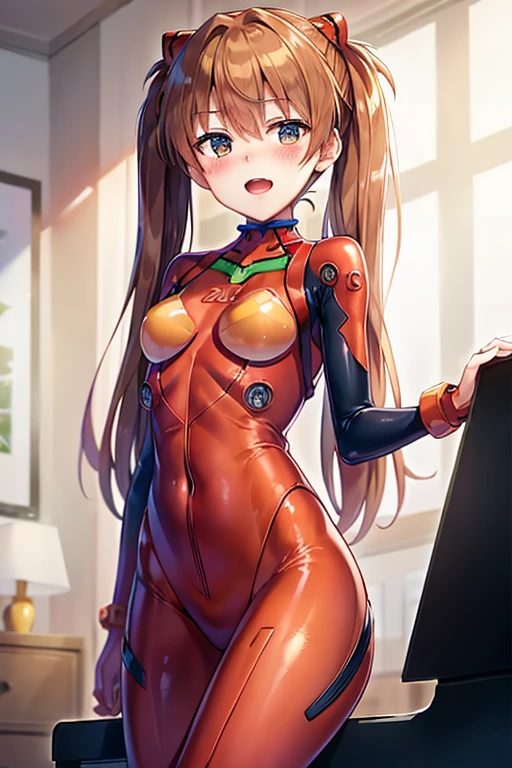 (( top quality)), ((masterpiece)), (be familiar with),  perfect face, indoor, bedroom,  watching viewers,
One woman,  Soryu Asuka Langley,
 open mouth,  ecstatic expression beside the piano, blush, smile,
 small tits,  flat chested, Young girl, Lori,  s,  girl,
 long hair,  Twin Tails ,
Leg spread,