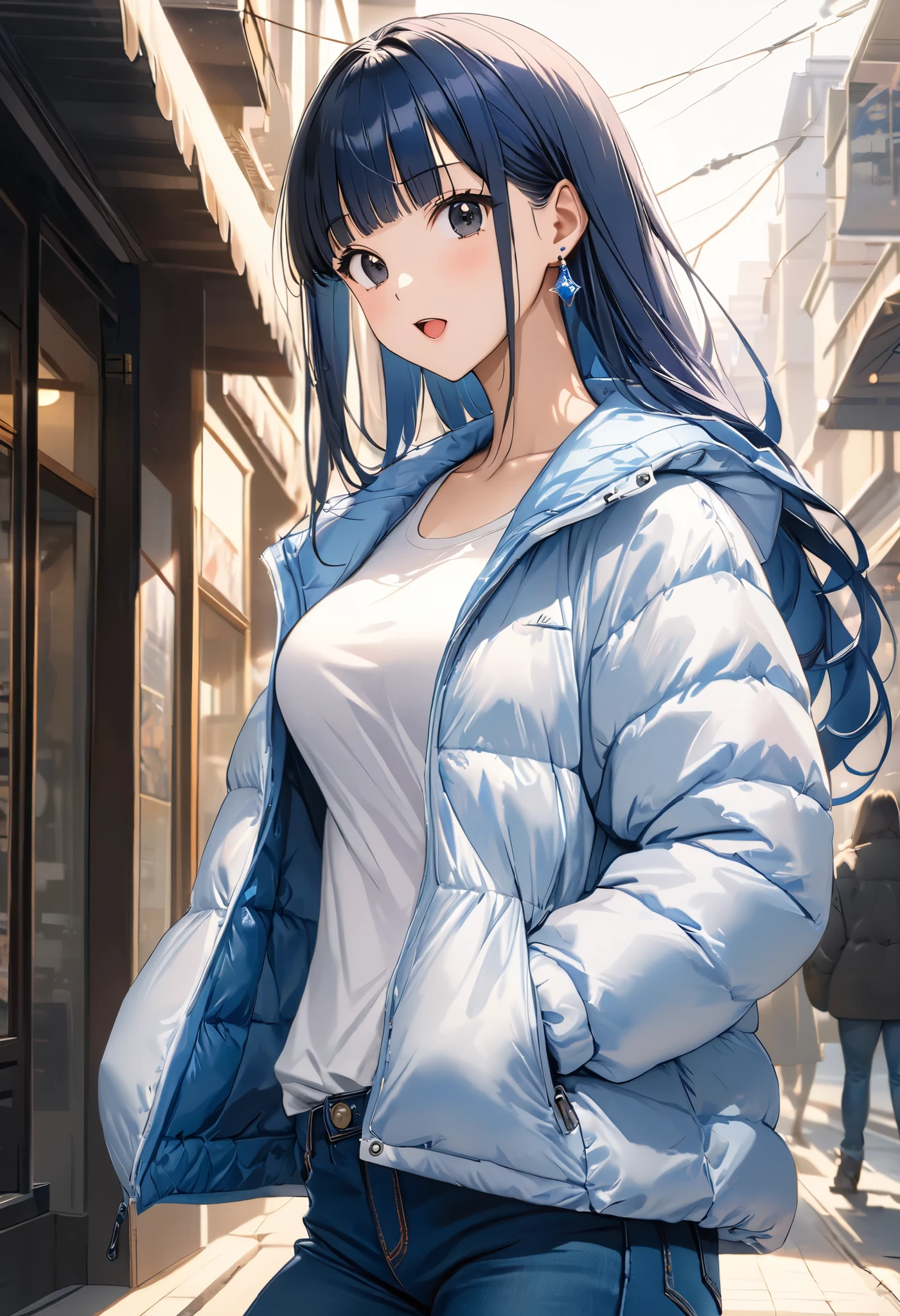 masterpiece, Best Quality, High resolution,16k,official art,super detailed skin,detailed,animated painting, Takarada Rikka ,1990s \(style\),(F cup beautiful breasts)、25years old, (tall:1.2),height: 175cm,Sexy and long legs,Fashion model body type、Long Hair、blunt bangs,(Dark blue hair color:1.4)、bare decollete,(downjacket,jeans,white T-shirt:1.3),sideboob,Belly button、Abdominal muscles,,Black Eyes,Blue Earrings,pale pink lipstick,Muscular、1girl、{{big_laugh}},Open your mouth wide,Shy、Anime-style painting style,Close-up of the full body,Cinematic lighting,superfine,magnificent view、in the city,morning,winter,(sexy),,)