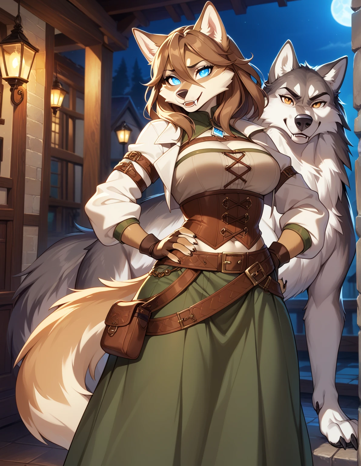 1girl, tail, furry, animal_ears,glowing blue_eyes, brown_hair, belt, looking_at_viewer, furry_female, gloves, wolf_tail, sad smile, wolf_ears, fingerless_gloves, hair_between_eyes,long skirt, hand_on_hip, snout, pouch, brown_gloves, cream white corset, wolf_girl, fangs, medium_hair, long_sleeves, brown_belt, artist_name, mage robes