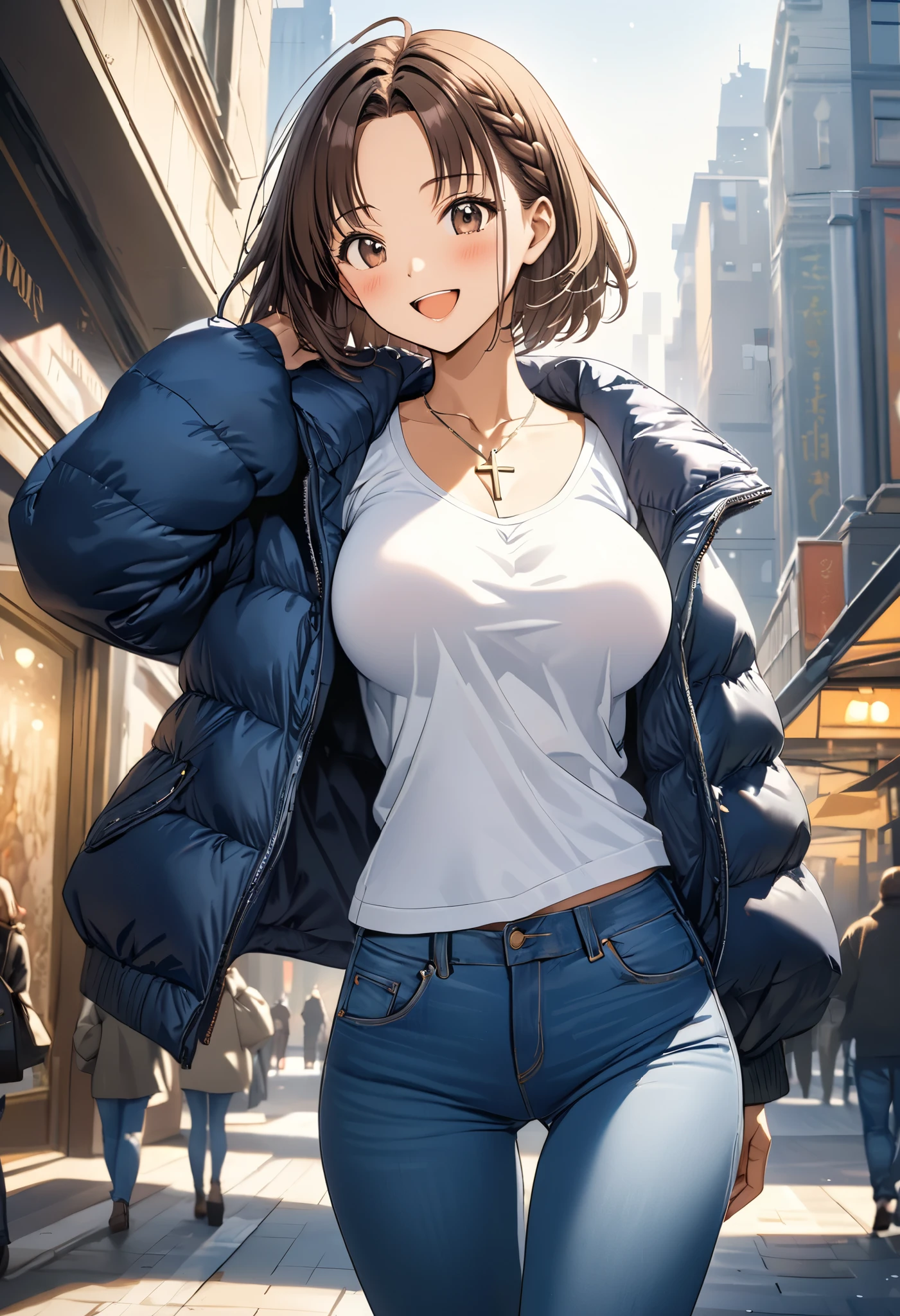 masterpiece, Best Quality, High resolution,16k,official art,super detailed skin,detailed,animated painting, Takarada Rikka ,1990s \(style\),(F cup beautiful breasts)、25years old, (tall:1.2),height: 175cm,Sexy long legs,Fashion model body type,Medium Hair,forehead,Brown Hair,french braid,(downjacket,jeans,white T-shirt:1.3),white mini skirt,cross necklace,(tanned skin:1.3),Muscular、1girl,big laugh,Shy、Shyness,blush,Anime-style painting style,Close-up of the full body,Cinematic lighting,superfine,magnificent view、in the city,morning,winter,(sexy),,)