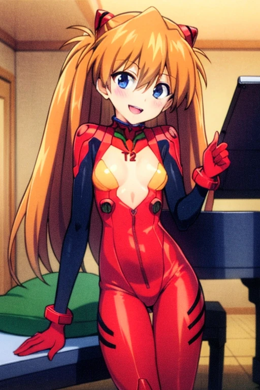 (( top quality)), ((masterpiece)), (be familiar with),  perfect face, indoor, bedroom,  watching viewers,
One woman,  Soryu Asuka Langley,
 open mouth,  ecstatic expression beside the piano, blush, smile,
 small tits,  flat chested, Young girl, Lori,  s,  girl,
 long hair,  Twin Tails ,
Leg spread,