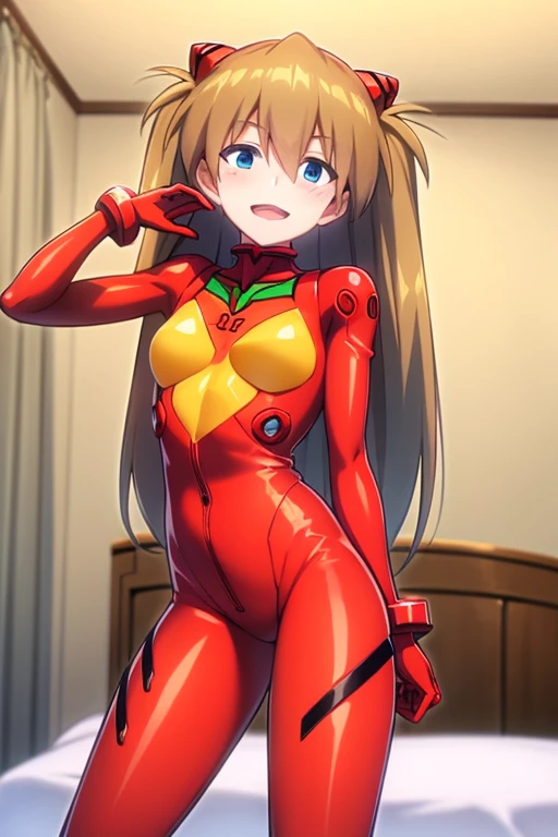 (( top quality)), ((masterpiece)), (be familiar with),  perfect face, indoor, bedroom,  watching viewers,
One woman,  Soryu Asuka Langley,
 open mouth,  ecstatic expression beside the piano, blush, smile,
 small tits,  flat chested, Young girl, Lori,  s,  girl,
 long hair,  Twin Tails ,
Leg spread,