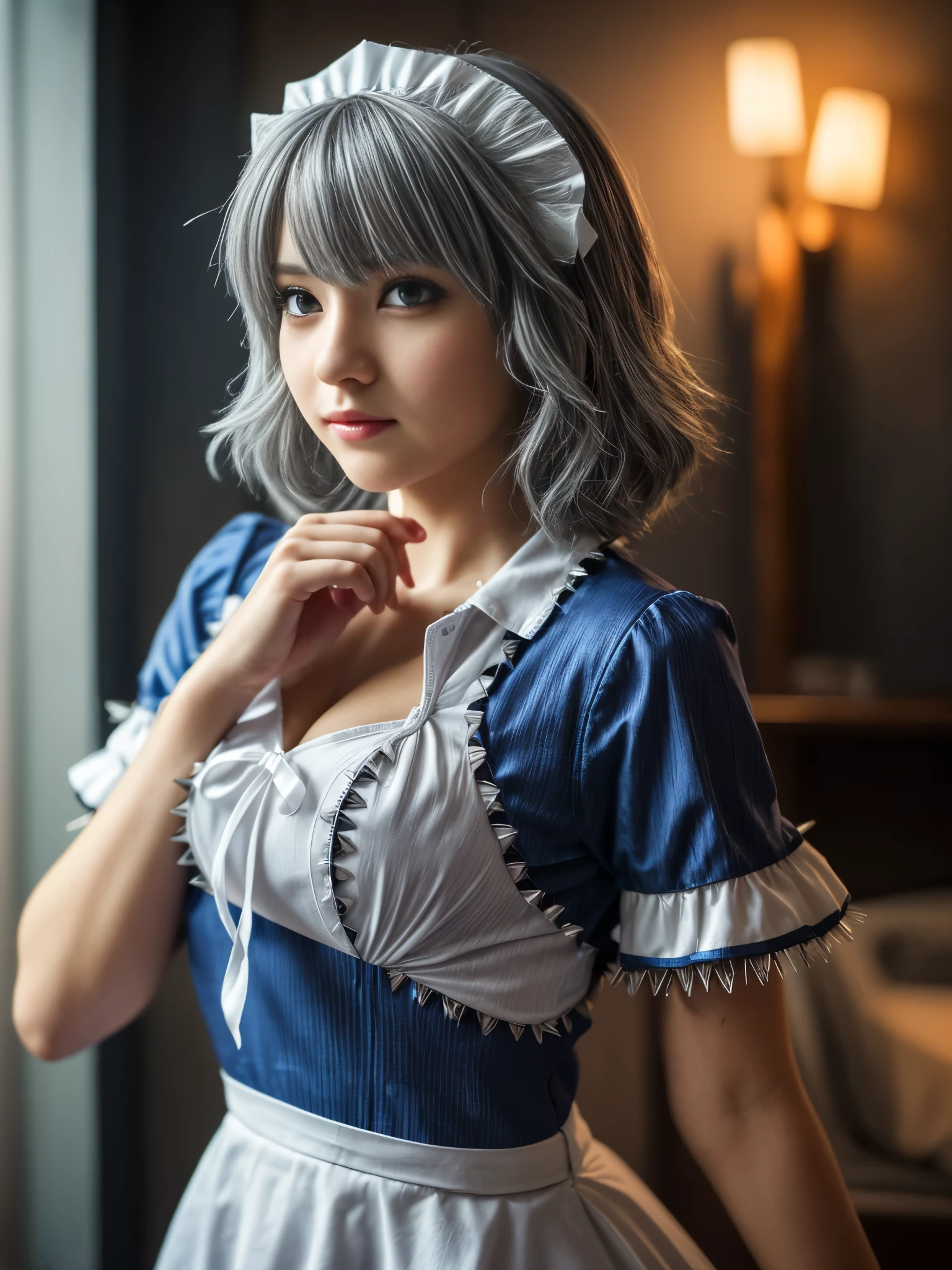 ((16 Nights Sakiya)), ((Touhou Project)), Cosplay, 20-year-old woman, (((gray hair)), ((medium spiky hair)), ((blue maid outfit)), ((white blouse)), midchest, (light)))), (pose))), (photorealistic photo: 1.3), rim lighting, (high detail skin:1.2), 8K UHD, dslr, high quality, high resolution, 4K, 8K, Bokeh, Absurdity, Best ratio four fingers and one thumb, (Real:1.3), Cutest 1 Girl, Lots of Knives