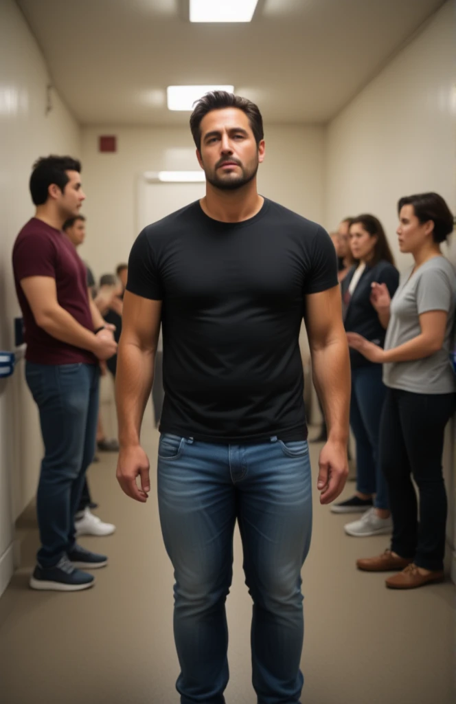 Realistic photo, somewhat muscular man, in line for a public bathroom, jeans, black t-shirt