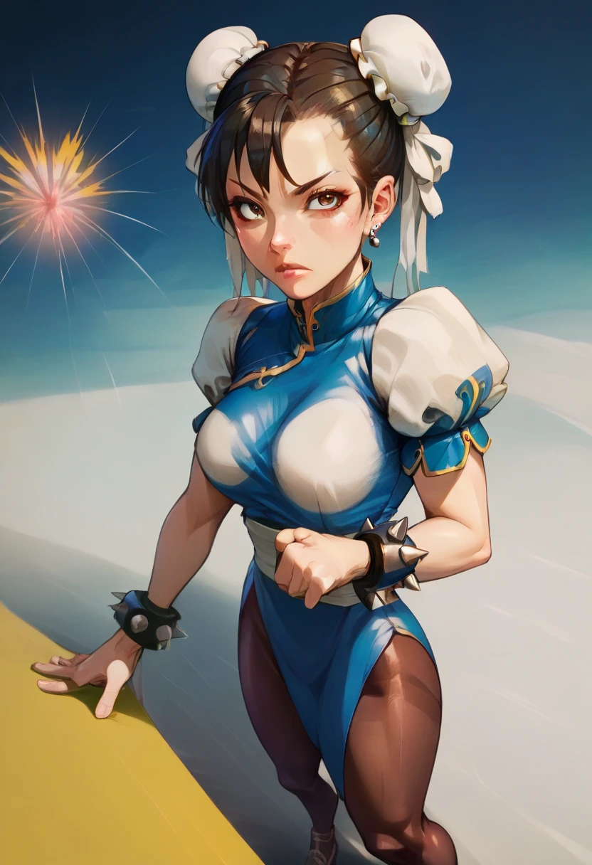 score_9, score_8_up, score_7_up, score_6_up, source anime, BREAK 1girl, solo, yculpnxl,Chun-Li, \(Street Fighter\), brown eyes, short hair, brown hair, double bun, bun cover, eyeshadow, medium breasts, from above, Fireworks Background, blue qipao, spiked bracelets, puffy sleeves, white belt, brown pantyhose