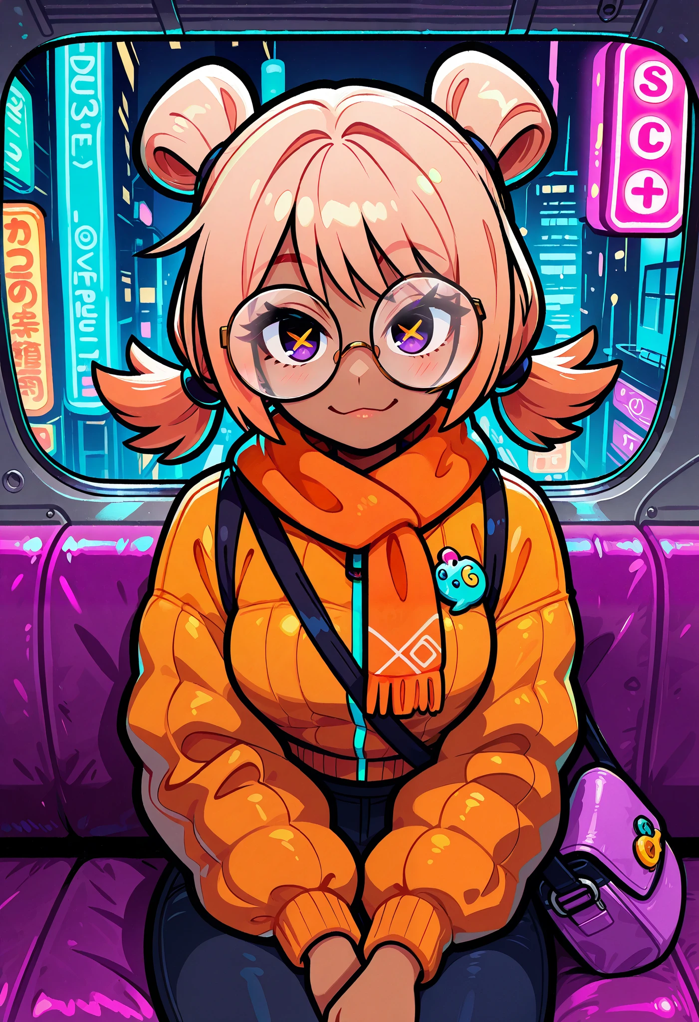 masterpiece), 1girl, expressive eyes, perfect face, newest, perfect anatomy, flawless face, light skinned Latina female with long bright orange pigtails, big round glasses, orange scarf, orange puffer jacket, holding a purple bag, riding the subway, color saturation, looking at viewer, sitting down, seductive expression, center of frame, neon, absurdres, very aesthetic, best quality, masterpiece, pov from front, smiling, neon lighting, traditional media, pin-up