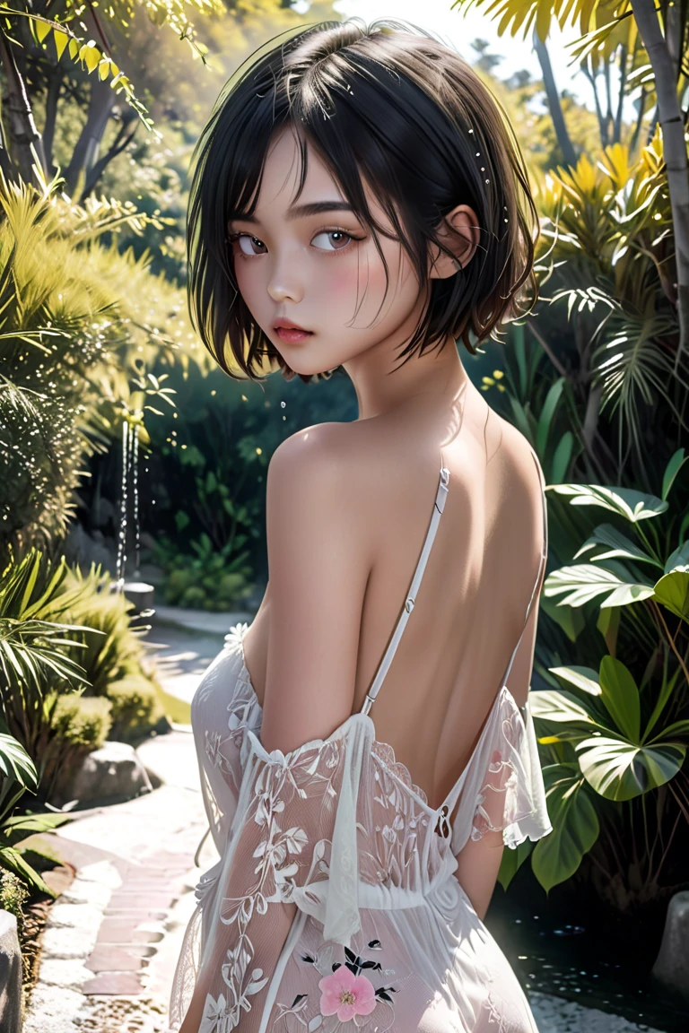 A Asian teenage model of rare beauty, lightly tanned white skin, short blackest hair with a bob cut, small snub breasts, distracted gray açaí eyes, delicate and long hands. She wears a pinkish white negligee. She poses backside snubing beautiful ass along a narrow path under trees in the Atlantic Forest, surrounded by beautiful tropical gardens; a fountain with a jet; natural backlighting. 
Color photograph with Canon EOS R6 Mark II Camera, 55 mm, ISO 100,400, 4K. From below view, depth of field, backlightin 