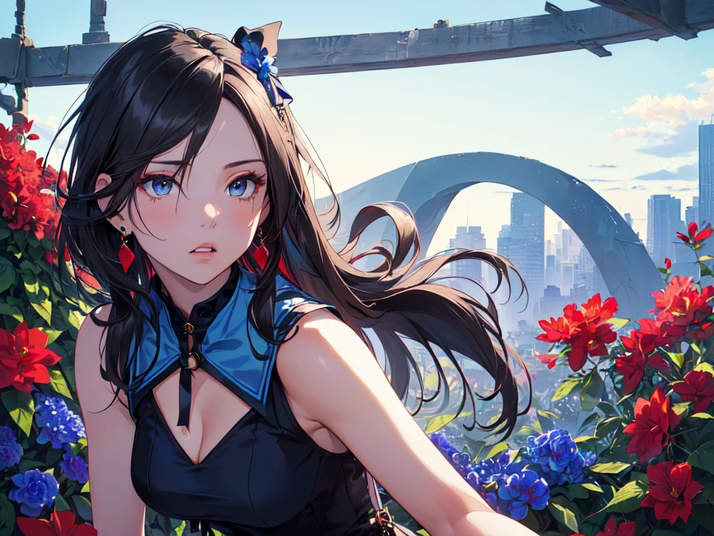 (solo:2), (girl, human ears), (turning around:2), (leaning forward to accentuate upper body:2), (sexy gaze:2), (long black hair:2), (hair tied in a big blue ribbon:2), (lots of hair accessories:2), (teardrop-shaped earrings:2), (gorgeous blue high-neck dress with collar, black opera gloves:2), (surrounded by lots of red flowers:2), (sunset sky, sunset, night sky, night breeze), (profile), (((high resolution, masterpiece, accurate, anatomically correct, multiple awards, top quality, detailed, high quality, extremely detailed, ultra high resolution))).