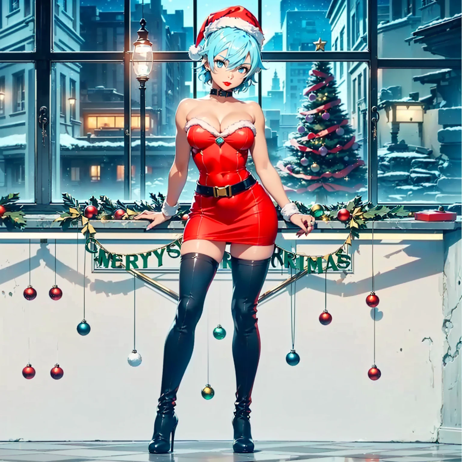 ((1girl, solo ,alone)), ((solo, 1woman, (red lipstick, ( sinon1, light blue hair, short hair, light blue eyes, small bust ), woman, lipstick), Extremely detailed, ambient soft lighting, 4k, perfect eyes, a perfect face, perfect lighting, a 1girl)), ((solo, (1woman, lipstick), Extremely detailed, ambient soft lighting, 4k, perfect eyes, a perfect face, perfect lighting, a 1girl)), ((fitness,, shapely body, athletic body, toned body)), ((christmas costume, santa costume, red dress, christmas dress, christmas hat, jewelry, knee high boots, high heels, boots with heels, thigh high boots, black boots, christmas decoration, christmas tree, garlands, presents, marble floor, flowers, window, night, smug, red lipstick, neckline, cleavage))