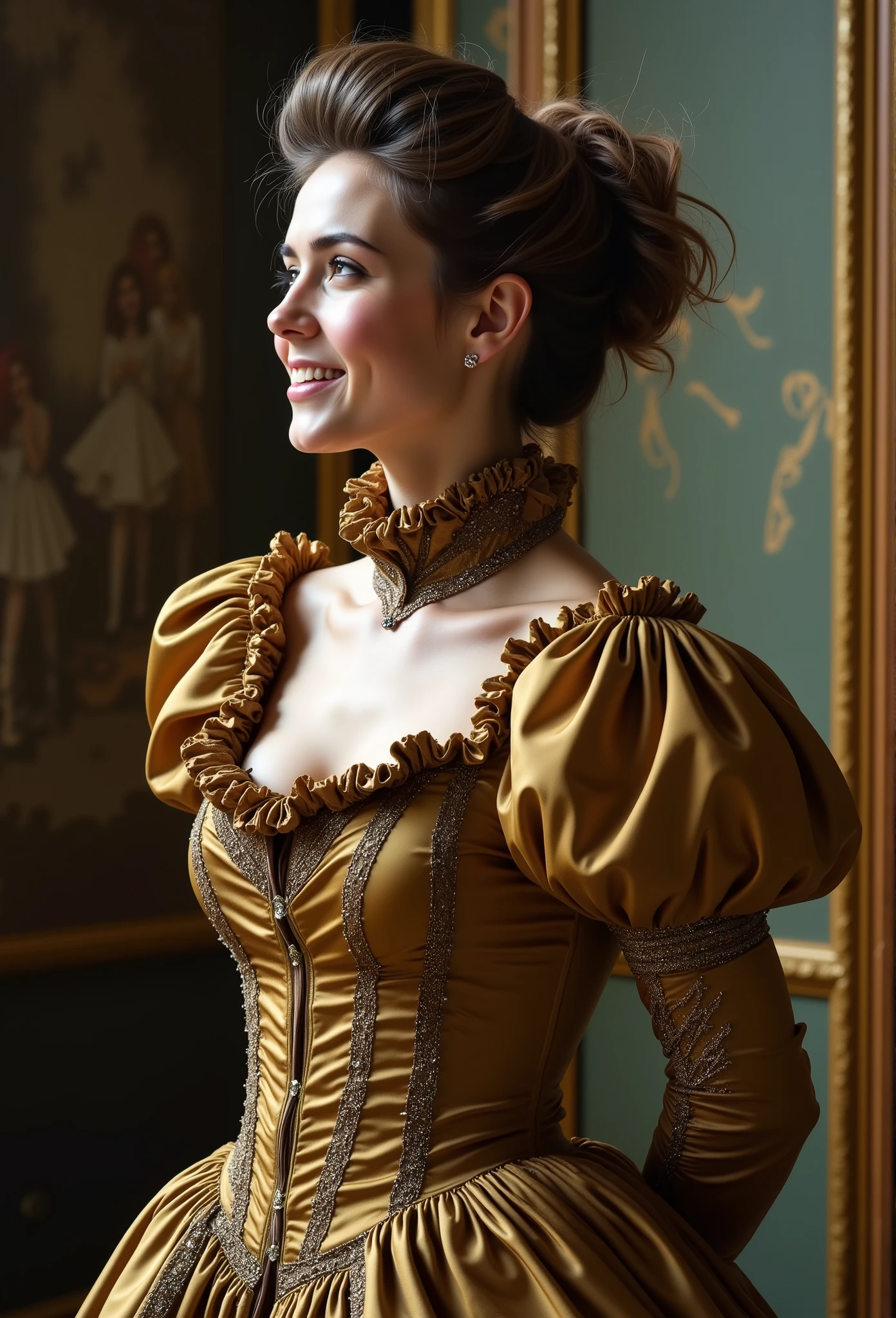 (realistic photograph close up sideways cheerful), (a pleased beautiful European orgasm looking lady with (messy hair bun)), (she is wearing (a victorian elaborate shiny silk gown with (long gigantic puff sleeves), (and a narrow very high reaching up to her cheeks stand-up collar) (with a gigantic ruffle on top of the collar reaching to the top of her head), (she has her hands behind her back)++++, (two happy females are hanging her on a wooden beam gallows)