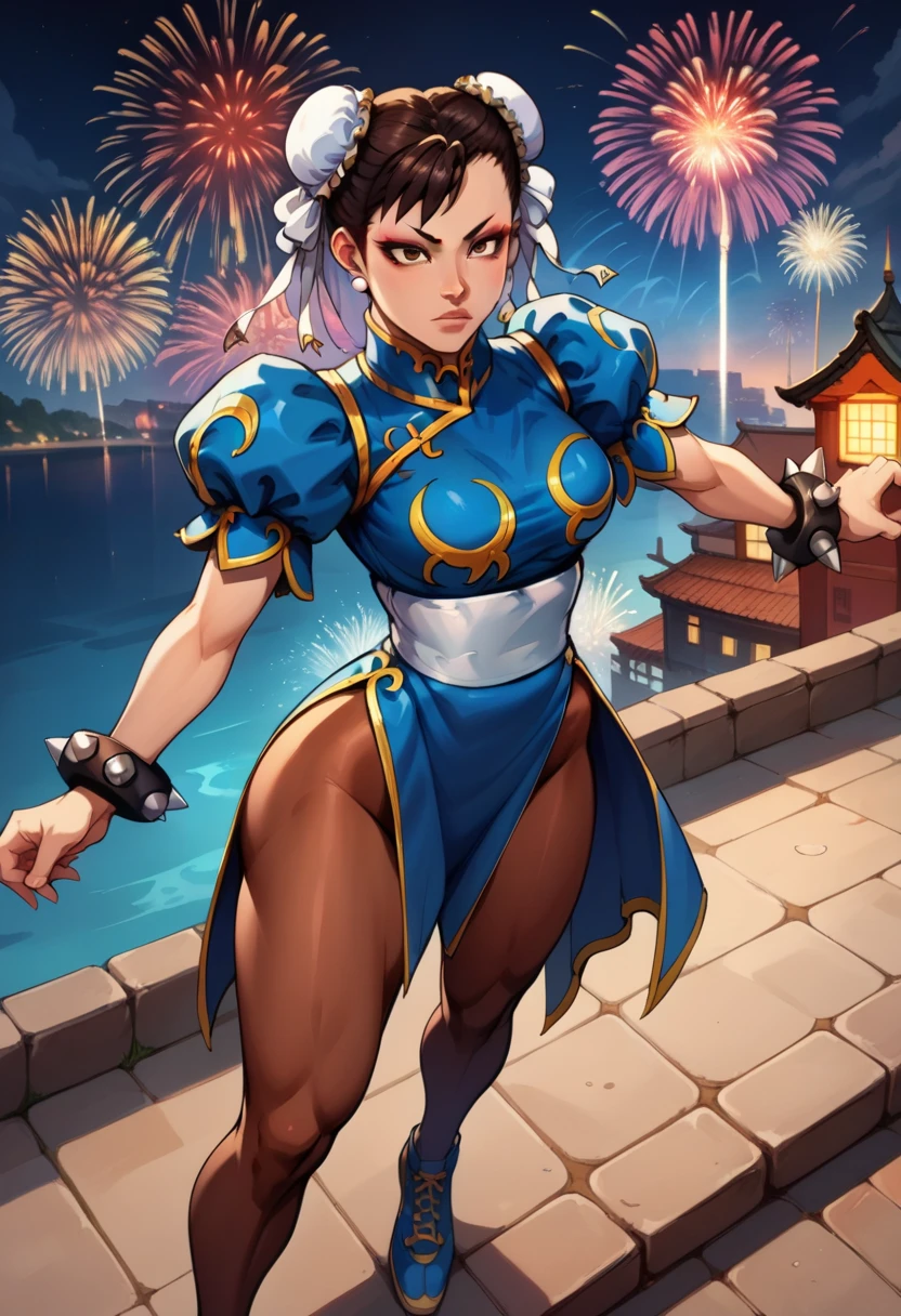 score_9, score_8_up, score_7_up, score_6_up, source anime, BREAK 1girl, solo, yculpnxl,Chun-Li, \(Street Fighter\), brown eyes, short hair, brown hair, double bun, bun cover, eyeshadow, medium breasts, from above, Fireworks Background, blue qipao, spiked bracelets, puffy sleeves, white belt, brown pantyhose, fireworkart, made of fireworks